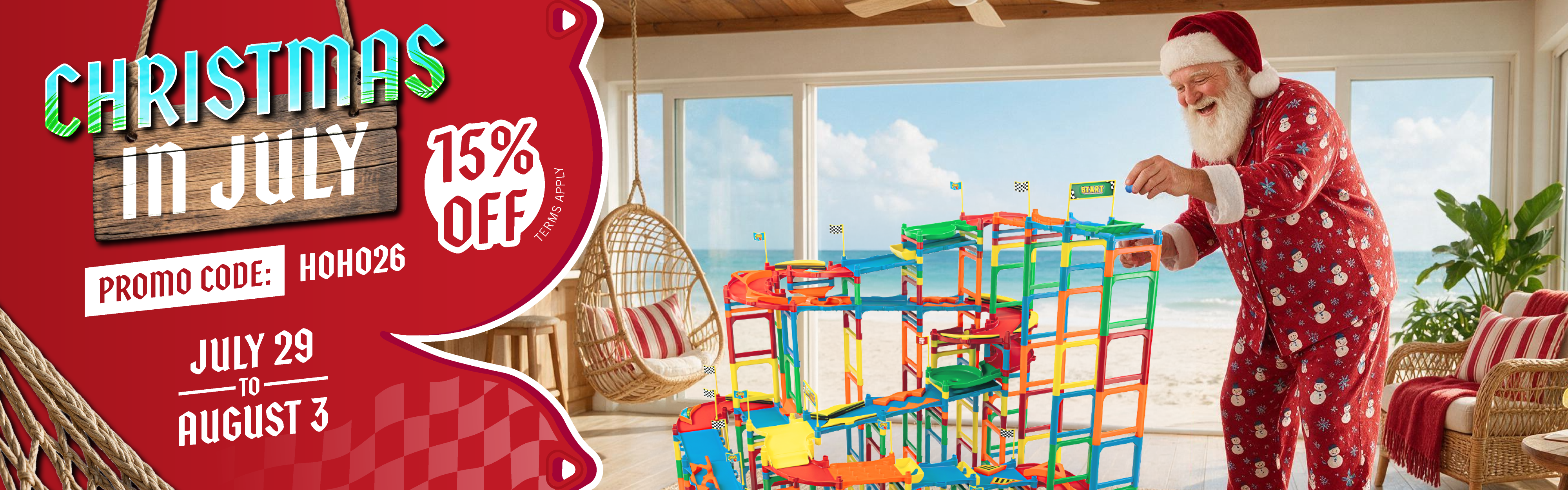 Christmas In July 2026 Promotional banner that says that you need to use code HOHO26 for 15 percent off your order for anything not already on sale. The code also does not work on the Hyper Loop.