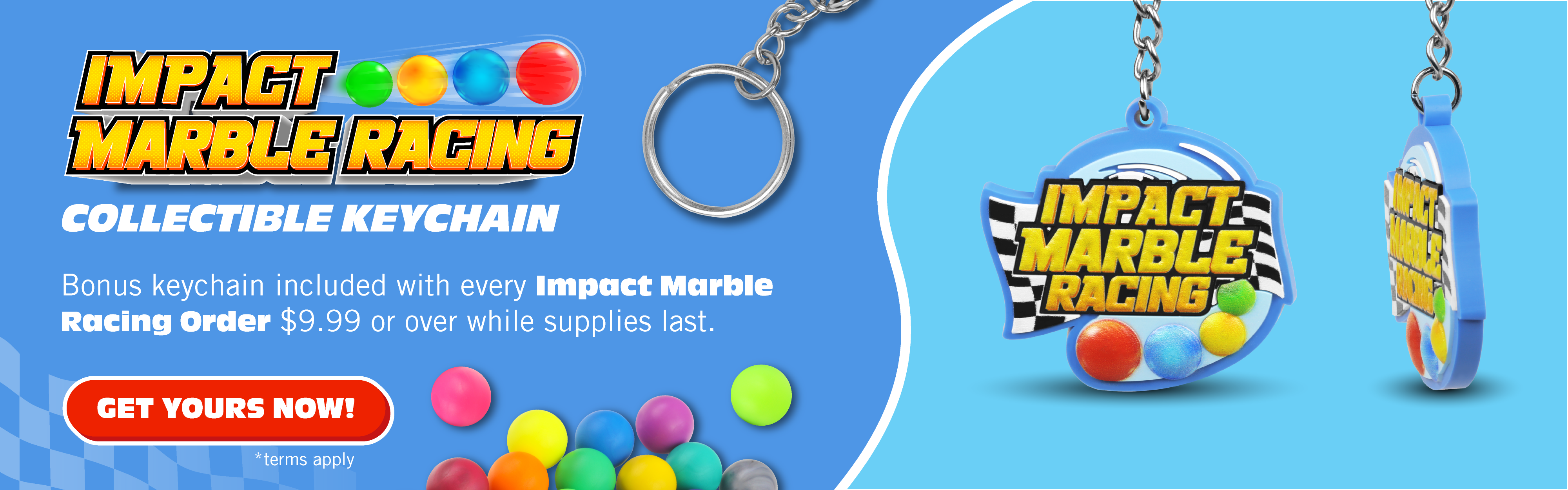Impact Marble Racing giveaway keychain deal included in any IMR purchase over 9.99 gift cards excluded while supplies last