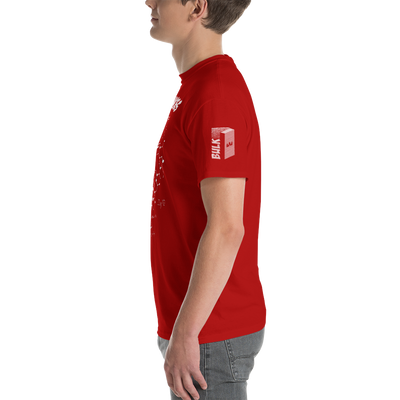 Bulk Dominoes Red tshirt side view with bulk dominoes domino logo and bulk large text